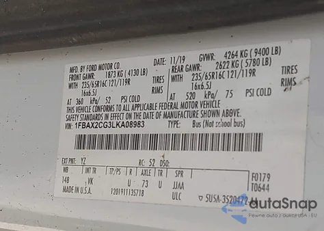 2020 Ford Transit-350 Passenger Van Xl z USA, uszkodzony, nr VIN 1FBAX2CG3LKA08983